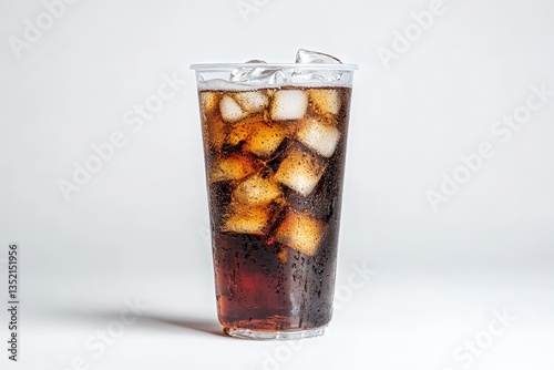 A clear plastic cup filled with cold dark soda and ice