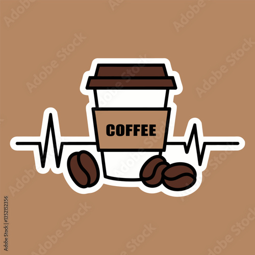 Coffee Cup with Beans and Heartbeat Line Sticker