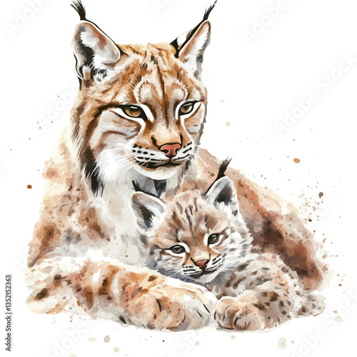 A watercolor vector painting of a mother lynx with her kid, isolated on a white background. Mother lynx vector.

