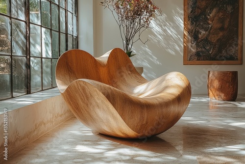 Modern organic wood chair design, sculpture, & interior. Natural light streams through the window, showcasing the chair's form.