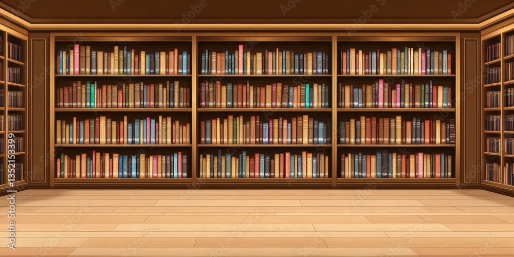 A detailed library scene showing many well organized bookshelves A detailed library scene showing many well organized bookshelves