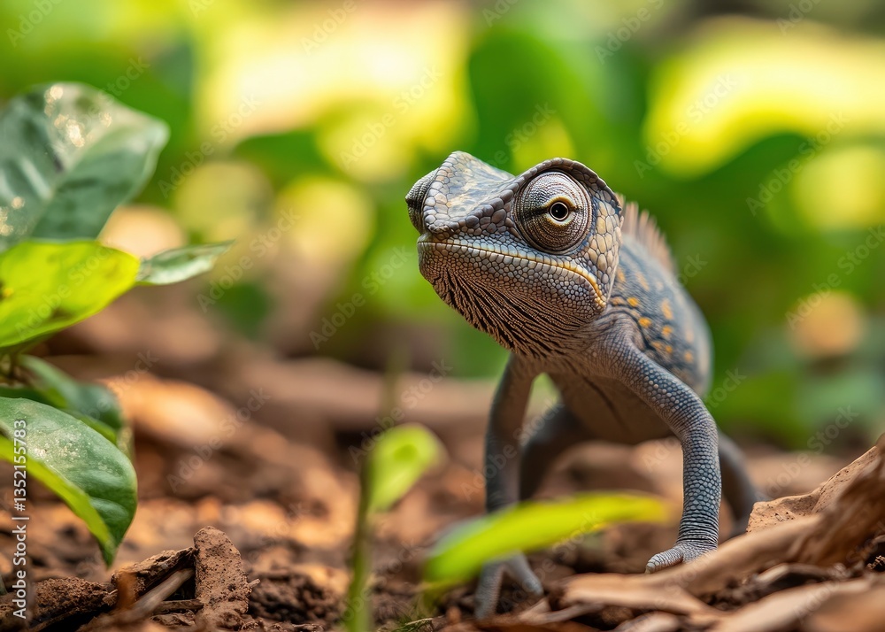 Fototapeta premium Chameleon Walking on Forest Floor Looking Upward in Natural Habitat