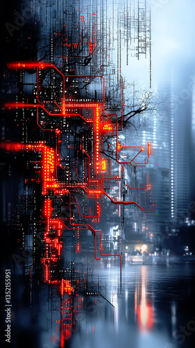 A futuristic cityscape merges with a glowing red circuit pattern and branching black wires, blending nature, data, and urban elements in a moody, cybernetic world.