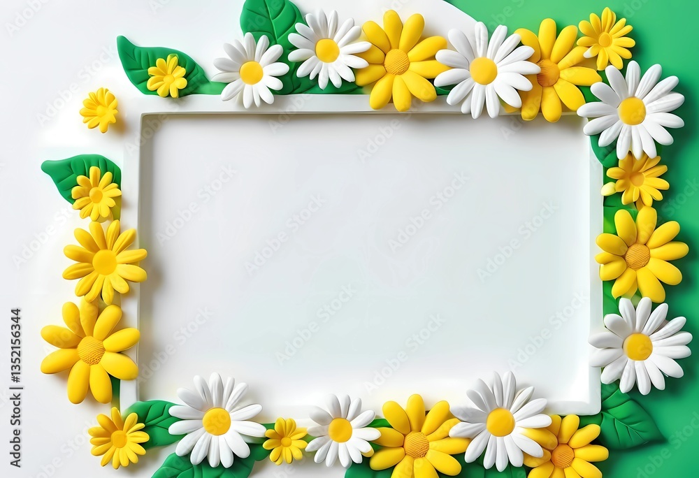 Fototapeta premium A captivating floral frame embellished with white and yellow daisies sits against a green and white backdrop, creating an enchanting invitation for creativity in art Generative AI