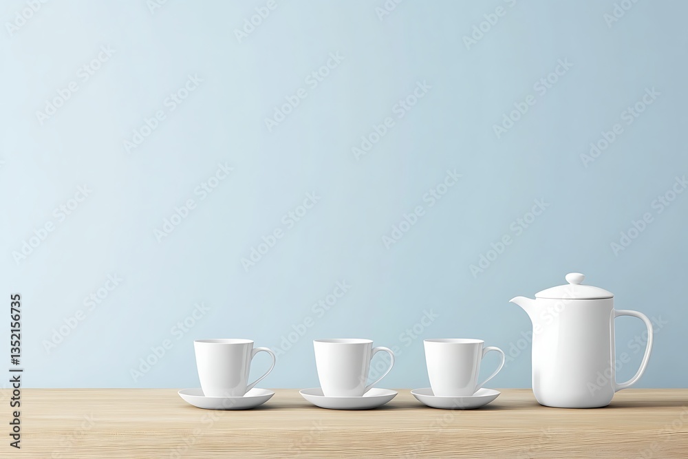Elegant White Tea and Coffee Set on Wooden Table Elegant White Tea and Coffee Set on Wooden Table