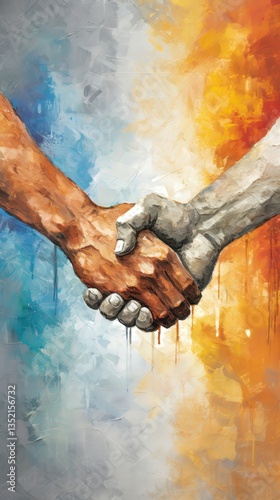 Diverse hands in painted handshake, blue, orange, grey abstract art