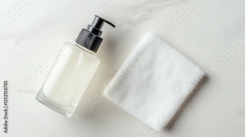 A reusable makeup remover cloth with a soft texture placed next to a minimalist cleanser bottle.