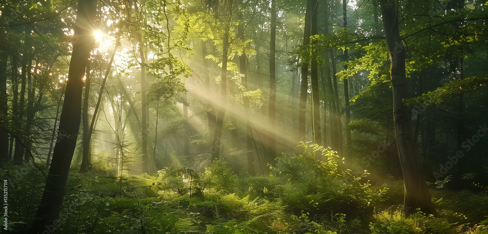 Obraz premium A tranquil forest landscape bathed in sunlight, where rays filter through the leafy green canopy, creating a serene and calming atmosphere.