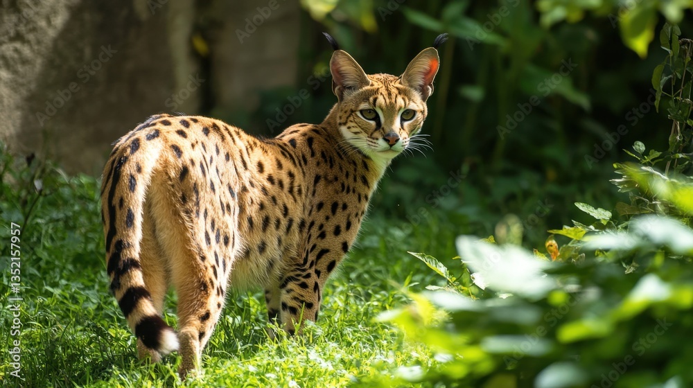 Obraz premium A serval cat stalking through its zoo enclosure, its long legs moving silently through the grass.