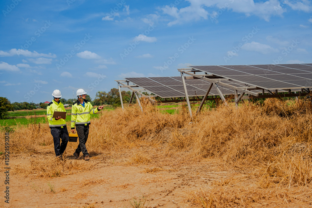 Two technicians in high-visibility jackets and helmets walk through a solar farm, carrying tools and a laptop, inspecting photovoltaic panels surrounded by dry grass under a clear sky. Two technicians in high-visibility jackets and helmets walk through a solar farm, carrying tools and a laptop, inspecting photovoltaic panels surrounded by dry grass under a clear sky.