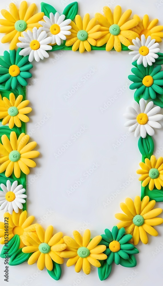 Fototapeta premium Vibrant daisies in white, yellow, and green surround an empty space, creating a delightful frame perfect for personal messages or creative projects, evoking a sense of joy Generative AI