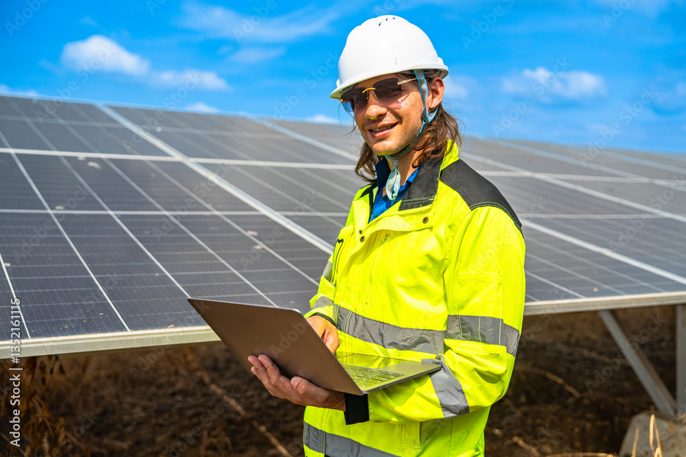 A confident solar energy technician, wearing a helmet and reflective jacket, stands with arms crossed in front of an array of photovoltaic panels, under a bright and clear blue sky. A confident solar energy technician, wearing a helmet and reflective jacket, stands with arms crossed in front of an array of photovoltaic panels, under a bright and clear blue sky.
