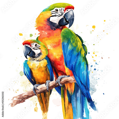 A watercolor vector painting of a mother macaw with her kid, isolated on a white background. Mother macaw vector.

