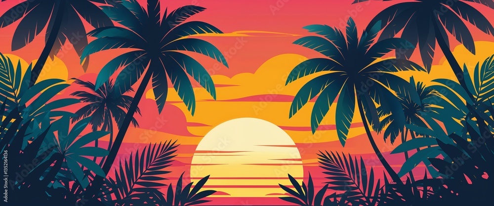 Obraz premium Sunset inspired abstract colors behind palm leaf silhouettes
