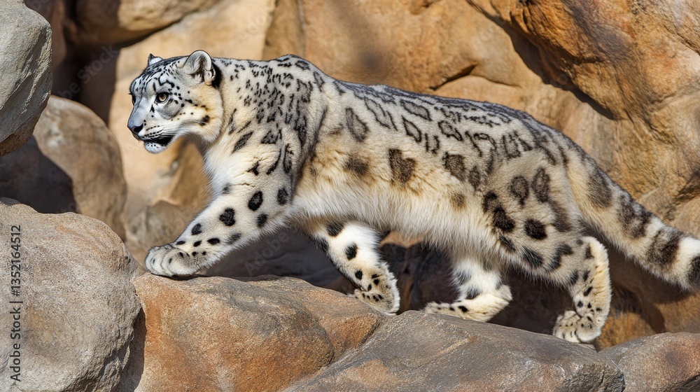 Naklejka premium A snow leopard gracefully moving across a rocky enclosure, its thick spotted fur perfect for blending in.