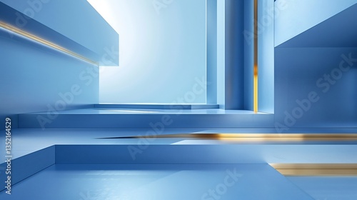 Minimalist futuristic design layers of matte Blue surfaces elegant gold accents composition crisp clean subtle highlights give sense of depth dimension gold detailing enhances the sense of exclusivity