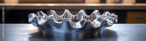 An up-close image of a metallic turbine blade, displaying its fine details and shiny blue surface, emphasizes the exactness of engineering