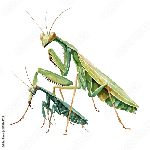A watercolor vector painting of a mother mantis with her kid, isolated on a white background. Mother mantis vector.

