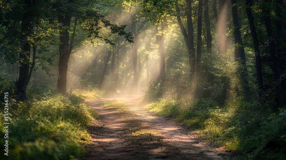 Naklejka premium Sunlight streams through a misty forest path. Possible use Nature photography