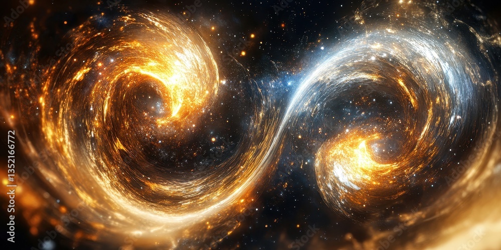 Two vibrant swirling galaxies floating in the cosmic dark space