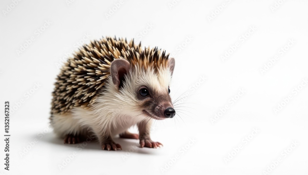 Close-up of a solitary hedgehog, against a bright white backdrop, hedgehog, hedgehog on white, animal photography Close-up of a solitary hedgehog, against a bright white backdrop, hedgehog, hedgehog on white, animal photography