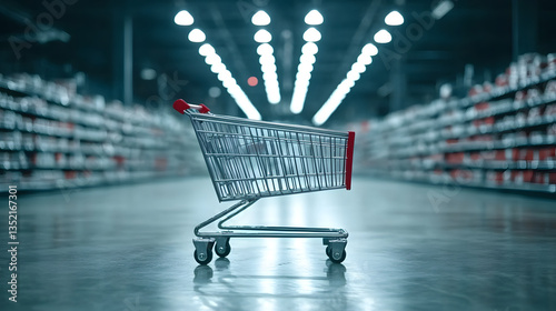 A shopping cart is positioned in the center of a wide aisle surrounded by shelves filled with products