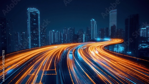 Illuminated highway traffic through the city at nighttime in the dark