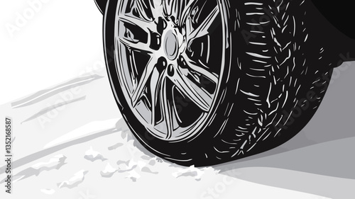 A grayscale illustration depicts a close-up view of a tire with distinct tread pattern rolling through snow.  The tire is partially visible, showcasing the wheel and a portion of the tire's