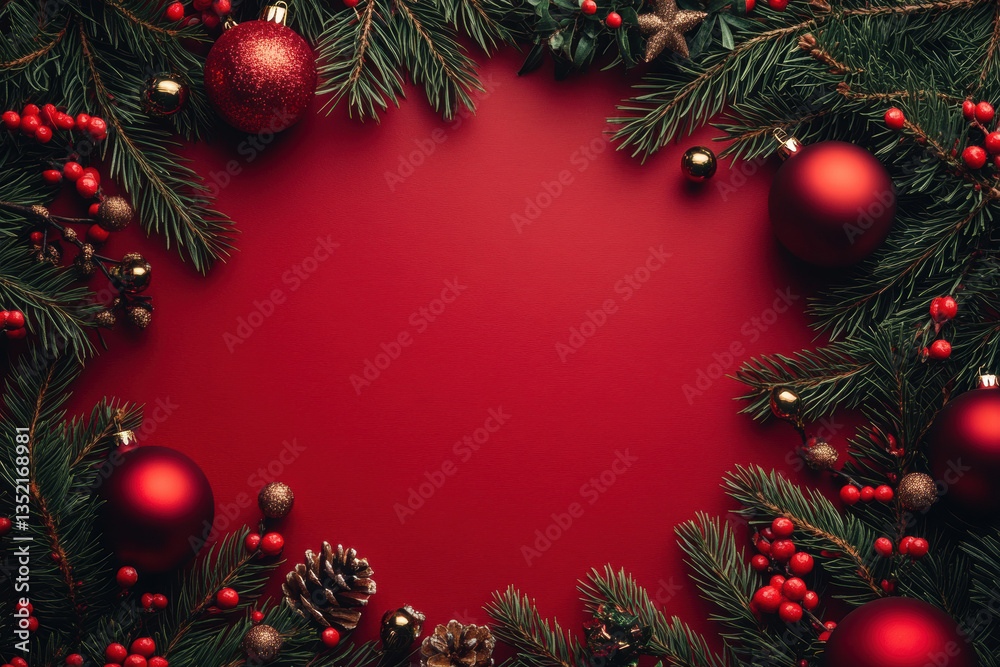 Christmas decorations on a red background: shiny baubles, sparkling lights, and a festive wreath create a cozy holiday atmosphere. Christmas decorations on a red background: shiny baubles, sparkling lights, and a festive wreath create a cozy holiday atmosphere.