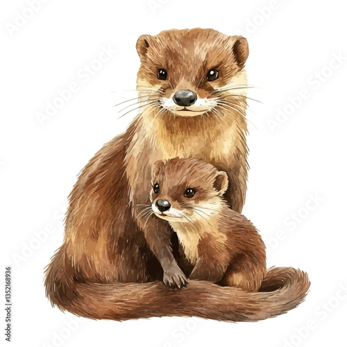 A watercolor vector painting of a mother mink with her kid, isolated on a white background. Mother mink vector.

