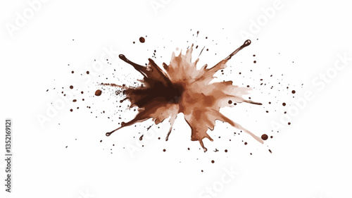 High-resolution close-up image of a brown splash against a pure white background. The splash has a dynamic, irregular shape with varying densities of color, ranging from dark brown in the center to