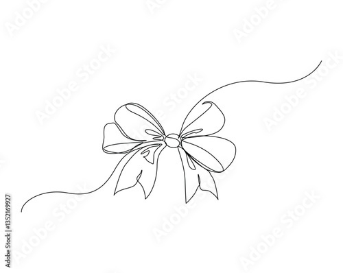 Ribbon bow with knot illustration. One continuous line drawing of bow tie vector design.