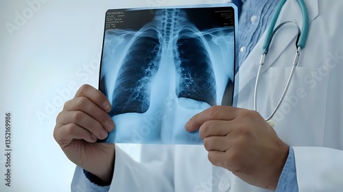 Obraz na płótnie Medical professional examining chest x-ray scan showing lungs and ribcage, wearing white coat with stethoscope. Healthcare diagnostics in modern hospital setting. w salonie