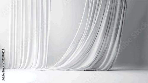 The image shows a monochrome photograph of white fabric draped against a white wall.  The fabric is smooth with soft folds and waves, creating a sense of movement. The lighting is even and soft,