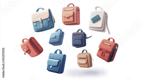 The image shows a digital illustration of eleven different backpacks in various colors and designs.  The backpacks are depicted in a slightly elevated, floating position against a white background.