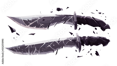 Digital illustration of two daggers, depicted as shattered into numerous fragments against a white background. The daggers are rendered in shades of dark grey and black, with a textured appearance