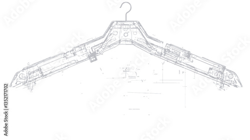 Close-up studio shot of a transparent plastic clothes hanger. The hanger is depicted in a line drawing style with a focus on its shape and structure. The image is primarily in shades of grey on a