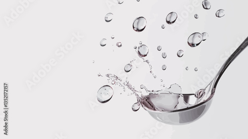 Close-up shot of a metal spoon with water droplets splashing from it against a plain white background. The image showcases the dynamic movement of the water, with various sized droplets suspended