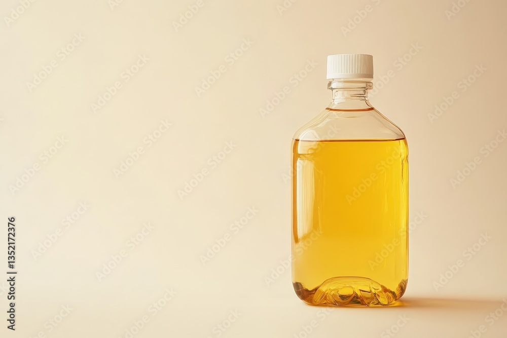 A glass bottle containing yellow liquid sits on a soft background A glass bottle containing yellow liquid sits on a soft background