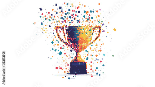 The image depicts a stylized golden trophy rendered in an abstract manner.  The trophy is composed of multicolored, pixelated or fragmented shapes, giving it a dynamic and energetic feel.