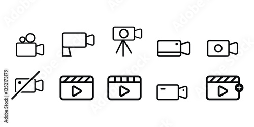 Video recorder, video call, movie, film outlined and solid icon collection to use app, site. Video icon collection illustration.