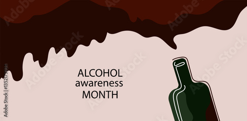 Promoting alcohol awareness month campaign. bottle  red wine. drinking in society. Raising public health concerns and supporting responsible behavior, line art vector flat illustration.