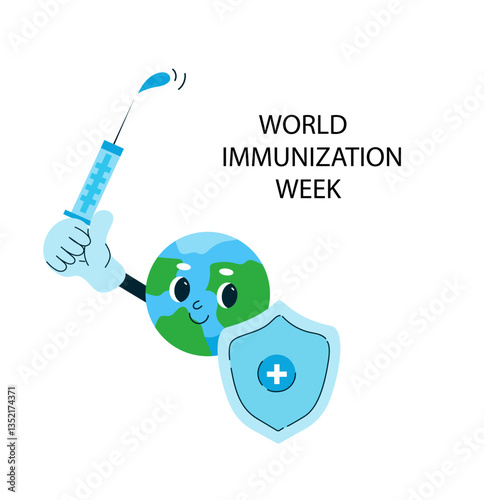 Smiling cartoon earth globe holding syringe and shield.  World immunization week, vaccination campaign benefit for public health protection concept.