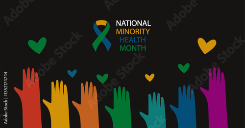 national minority health month banner. national health month. Diverse hands symbolizing equity, support and well-being for healthcare promotion.  vector illustration