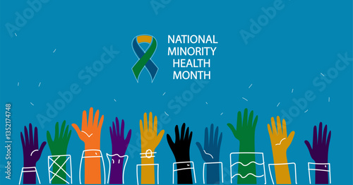 national minority health month banner. national health month. Diverse hands symbolizing equity, support and well-being for healthcare promotion.  vector illustration