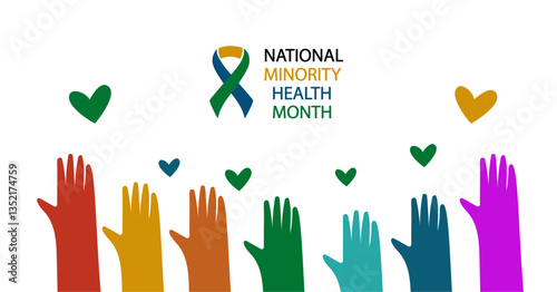 national minority health month banner. national health month. Diverse hands symbolizing equity, support and well-being for healthcare promotion.  vector illustration