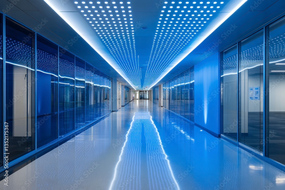 Fototapeta premium Walking Through Modern Office Hallway with Blue Lighting and Glass Walls
