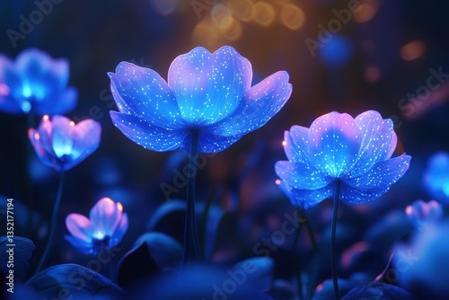 Beautiful glowing blue flowers surrounded by a blurry soft bokeh