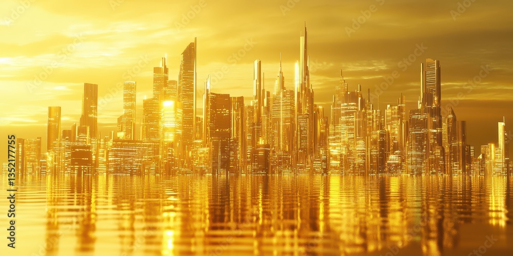 Fototapeta premium A futuristic city reflecting in calm water during a golden sunset