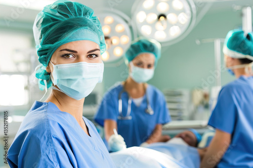 Medical students stitch artificial skin model, focusing on precision under intense surgical lighting